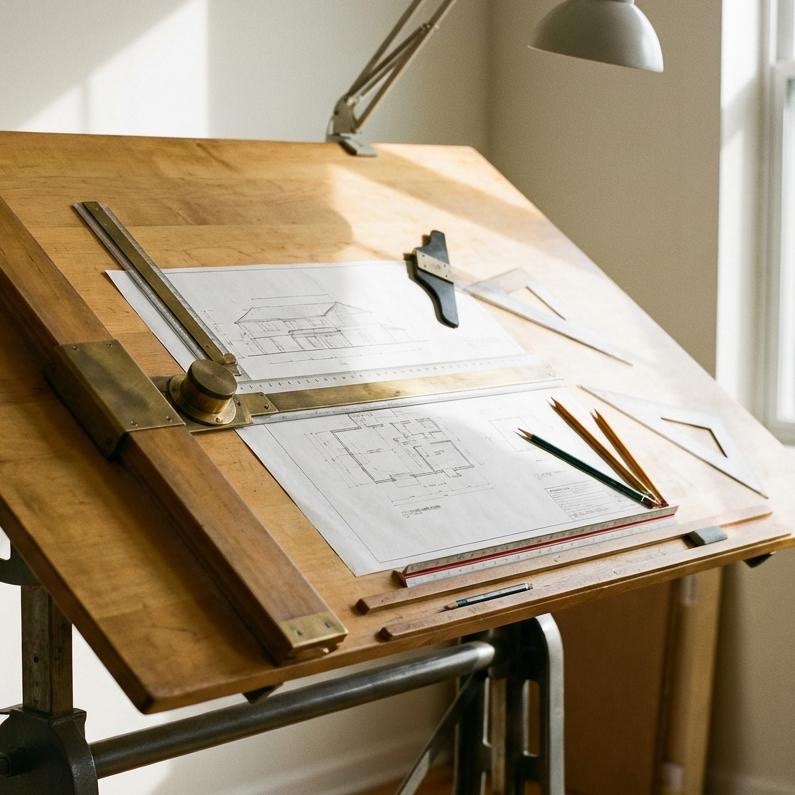 Vintage wooden drafting table with blueprints, rulers, and drawing tools in warm sunlight